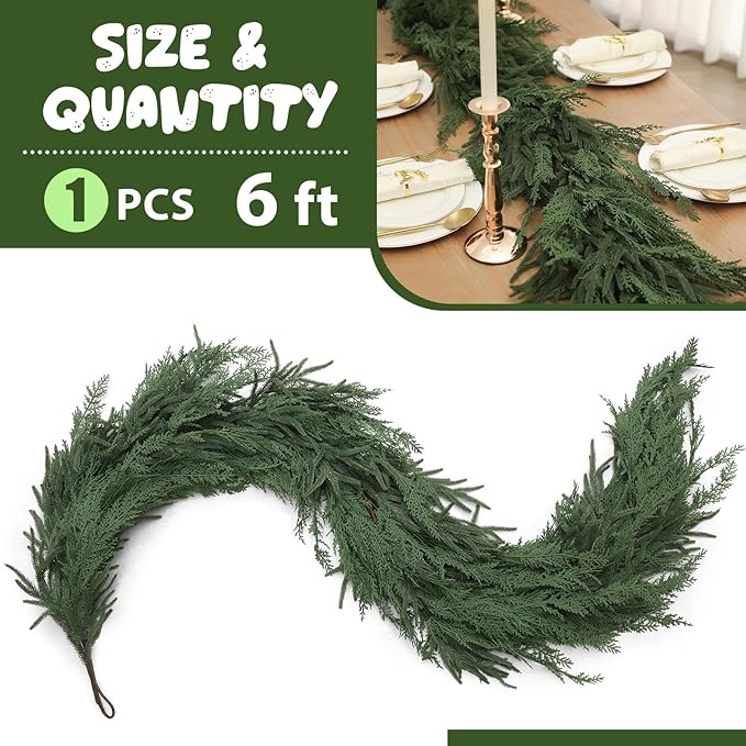 Jutom 1 PCS 6 ft Realistic Christmas Garland - Artificial Mix Norfolk Cypress Pine Needles Faux Green Garland Decorations for Table Mantel Winter Holiday, Indoor & Outdoor Decor