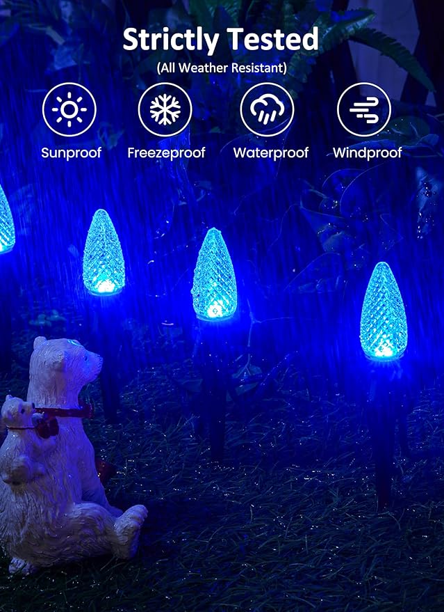 C9 Led Christmas String Lights, 20 Led 25.75 Feet Outdoor Waterproof Strawberry Lights with 20 Stakes, Extendable Green Wire String Lights for Indoor Outside Patio Wedding Party Decoration, Blue