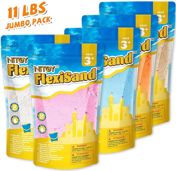 FlexiSand 11 Lbs Moldable Self-Sticking Sand,Never Dries Out-Fun for 3 Years and up Kids Bulk Refill for Sensory Sand Box Toys,Ideal for Shaping, Squeezing, Scooping and Rolling(5 Light Colors)