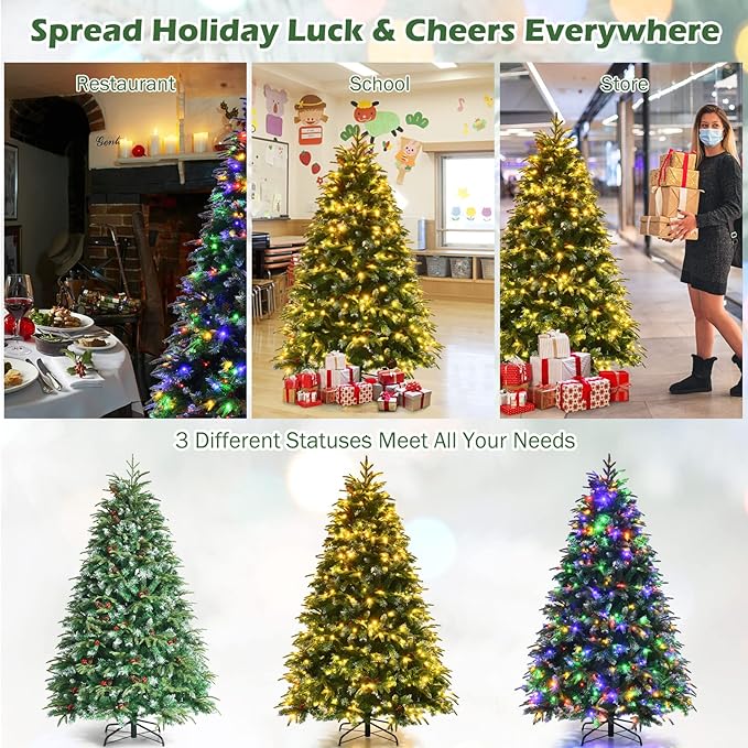 GOFLAME 6ft Pre-Lit Artificial Christmas Tree, Realistic Xmas Tree w/ 899 Branch Tips, 350 Multi-Color LED Lights, 35 Pinecones & Red Berries, Pine Tree w/ 11 Flash Modes for Holiday Decoration, Green