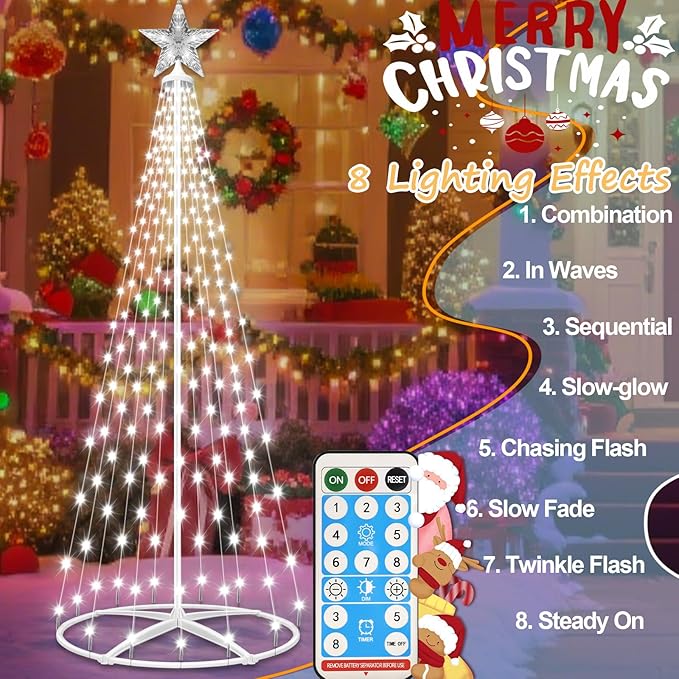 Forlivese 202LED Outdoor Solar Christmas Tree Lights, 5FT Lighted Artificial Cone Tree with Remote, 8 Modes, USB Charge, Timer & Waterproof Christmas Tree Decor for Garden Yard Patio, Cold White
