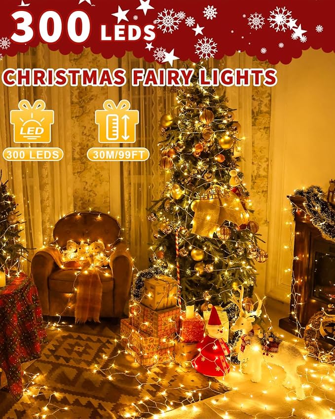 Christmas Lights String Outdoor Indoor, 300 LED 108FT Warm White Xmas Tree Decorations Lights, Plug in Twinkle Fairy Light with Remote Timer Dimmable for Room Yard Holiday Party Wedding Camping Decor