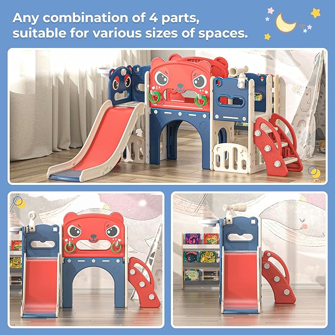 9-in-1 Toddler Slide and Climber Playset Freestanding Indoor Outdoor Kids Slide for Age 1-8, Backyard Playground with Basketball Hoop,Telescope,Storage Space