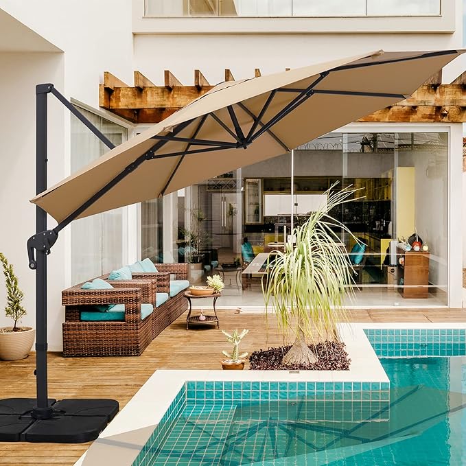 Sunnyglade 11Ft Cantilever Patio Umbrella Deluxe Offset Umbrella 360°Rotation & Integrated Tilting System Heavy Duty Patio Hanging Umbrella for Market Garden Deck Pool Backyard Patio (Tan, 11 ft)
