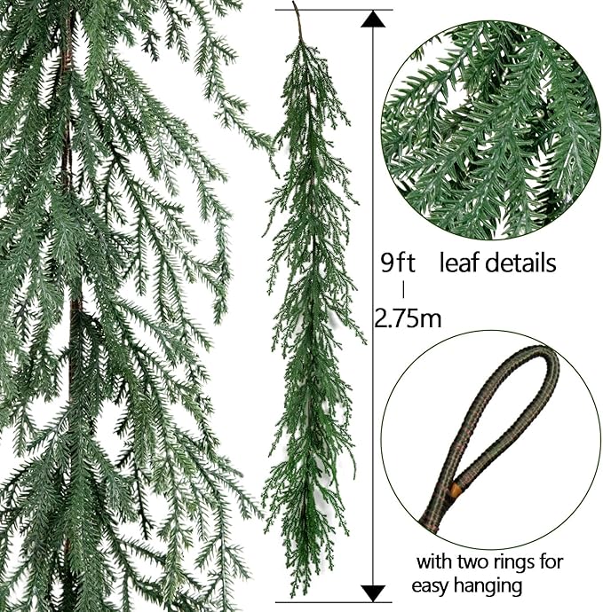 9ft Handmade Christmas Garland，Cedar Artificial Greenery,Seasonal Garland for Fireplace Winter Holiday Indoor Outdoor Decoration