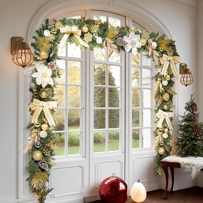 WBHome Pre-lit 9 Feet/108 Inch Christmas Garland, White & Gold Lighted Garland with 50 LED Lights for Indoor Outdoor Xmas Decor Holiday Decorations, Battery Operated (Batteries NOT Included)