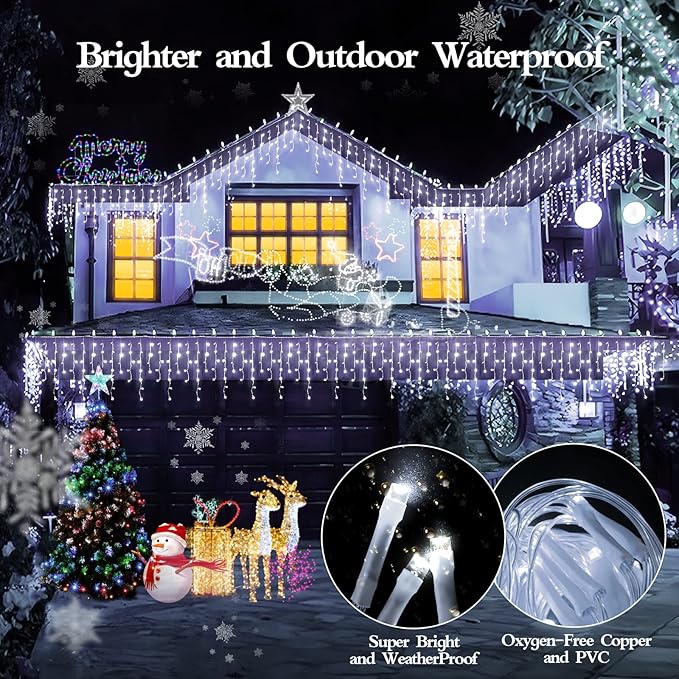 98FT 960 LED Christmas Lights, Waterproof 8 Modes Ice Lights for Outside with Memory and Timer Hanging Fairy Lights Plug-in Curtain String Lights for Holiday Party Wedding Home (Cool White)