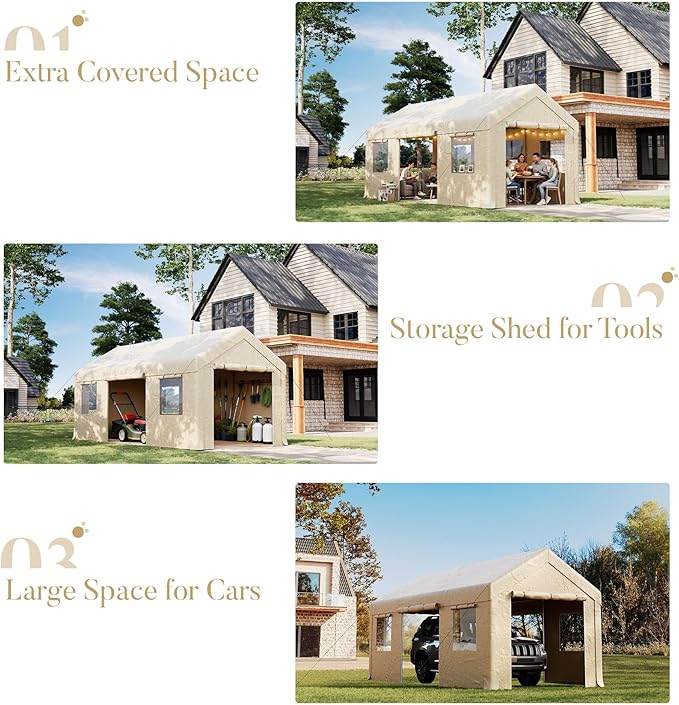 10x20ft Heavy Duty Carport, Reinforced Frame, Weatherproof Canopy with Roll-up Ventilated Windows & Sidewalls, Easy Assembly Portable Car Shelter for Garage/Storage/Party