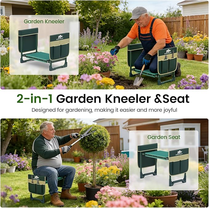 Garden Kneeler and Seat, Heavy Duty 2 in 1 Gardening Stool with 2 Tool Side Bags, Foldable Gardening Bench to Relieve Knee & Back Pain, Garden Chair Gifts for Women, Seniors