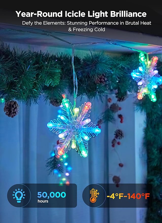 Brightown Smart Christmas Snowflake Lights, 12ft 96LED with 8 Drops Outdoor Icicle Lights with APP Control & Music Sync, Waterproof Connectable, 80+ Scene Modes for Roof, Window, Yard, Patio