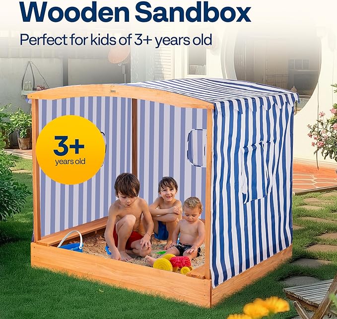VIVOHOME 58x48in Wood Sandbox with Detachable UV-Blocking Canopy & Ventilation Windows, Spacious Outdoor Play Area with 3 Sturdy Benches, Bottomless Drainage Design for Kids 3+
