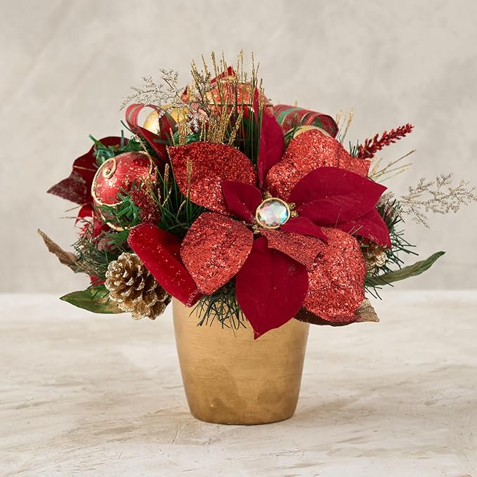Holiday Tree Christmas Centerpiece - Red Poinsettia Centerpiece with Pot - Handcrafted Glittery Poinsettias, Faux Florals, Foliage, Berries and Ornaments with Red Plaid Ribbon