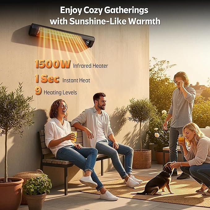 Wall-Mounted Electric Patio Heater, 34 1500W Infrared Heater With Motion Sensor, IPX5 Waterproof, 9 Heat Level & 9H Timer, Indoor & Outdoor Heaters for Patio, Backyard, Garage, and Decks