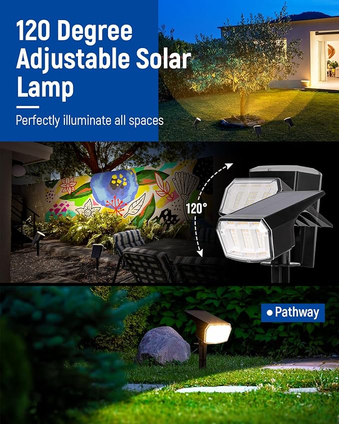Solar spotlights Outdoor 63 LED 3 Lighting Modes, IP65 Waterproof Lighten Yard Garden House Garage Pathway for Christmas Decorations-2 Pack