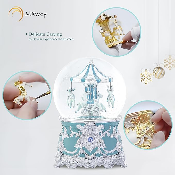 Carousel Music Box Moose Silver & Mint Christmas Snow Globes, 7.1" Rotate Carousel Snow Globe for Kids & Adults, Classic Wind up Musical Snow Globe Birthday Gifts for Women Girls, Carousel Home Decor