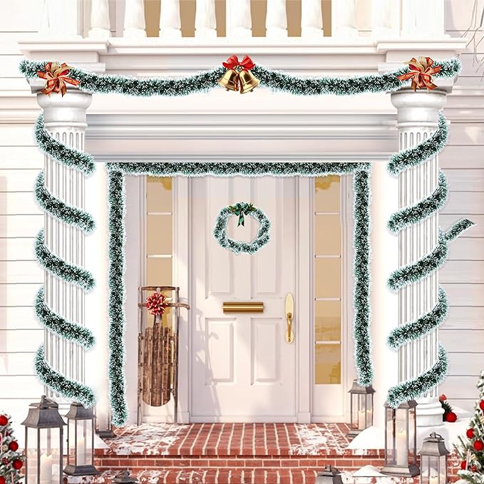50FT Christmas Tinsel Garland Metallic Twist Shiny Christmas Tree Decorations, Xmas Holiday Hanging Garland for Home Mantle Stair Indoor Outdoor Party Supplies Decor- Green White