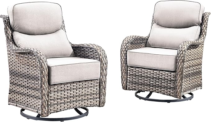 Luxury High Back Outdoor Swivel Rocker Patio Chairs with Side Table & 6-Inch Thick Cushions, 2 Pieces Patio Furniture Set for Porch, Balcony, Deck and Yard
