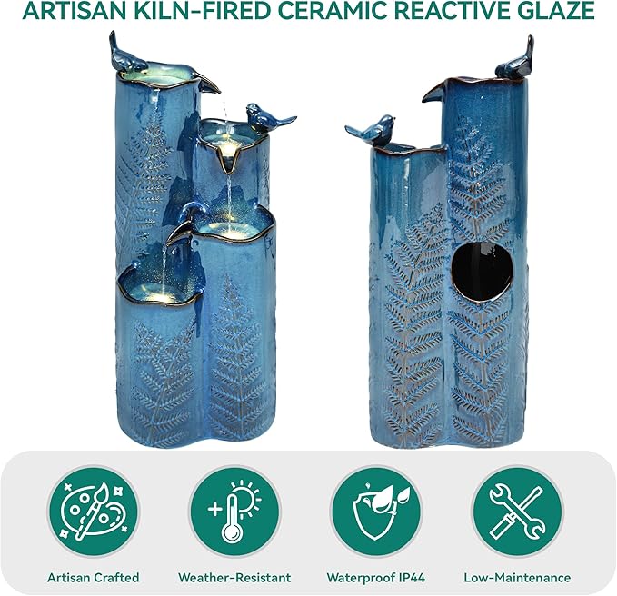 Autodaya 32" Tall Outdoor Fountain, Ceramic Vase Water Fountain withs Lights, 4-Tier Waterfalls with Birds, Tranquil Oasis for Garden Patio Yard Deck Balcony Decor, Tropical Fern, Turquoise Glaze