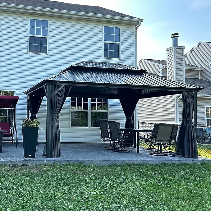 Domi 12' x 16' Hardtop Gazebo Permanent Metal Gazebo with Galvanized Steel Double Roof Canopy, Curtains, and Netting for Patio Lawn and Garden, Grey