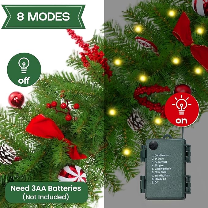 Christmas Garland with Lights, 8.9 Ft Real Touch Winter Pine Garland, Green Artificial Greenery Garland for Table, Table, Stairs, Door, Christmas Decor for Home Wedding Fireplace Party (One Pack)