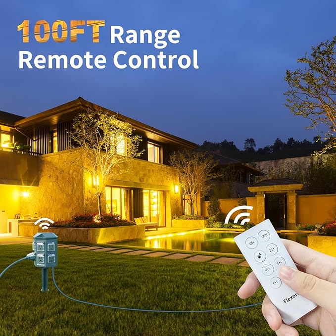 Outdoor Power Stake Timer, Remote Control Dusk to Dawn Light Timer, 25FT Extension Cord Waterproof, 6 Grounded Outlets for Outdoor Christmas Decorations, ETL Listed