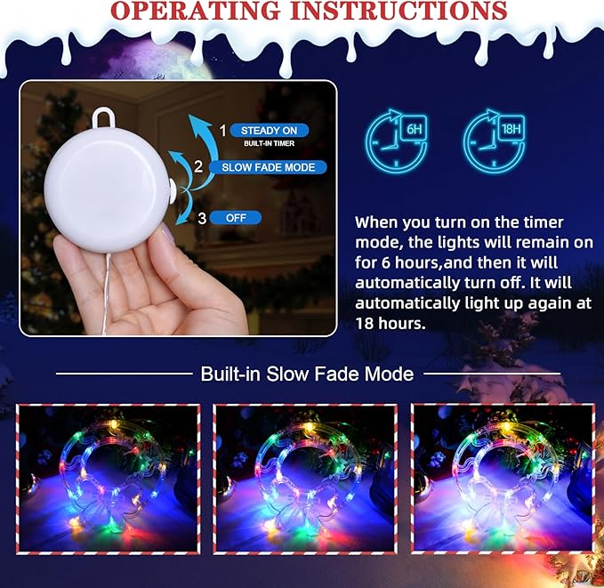 LOLStar Christmas Window Decorations 3 Pack Wreath Gift Box Santa Claus Christmas Window Lights with Suction Cups, Battery Operated Xmas Lights Decors, 2024 Upgrade Slow Fade Mode and Timer Function