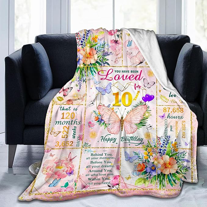 10th Birthday Gifts for Girls, Birthday Gift for 10 Year Old Girl, Super Soft Unique Funny Pink Butterfly Flower Blanket for Girls, Gifts for 10 Year Old Girl, Warm Cozy Plush Fuzzy Blanket 80"x60"