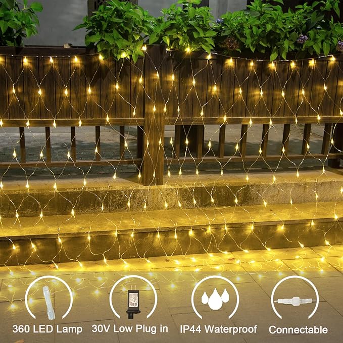 Lovelite 360 LED Net Lights, 21ft x 5ft Christmas Mesh Lights Clear Wire 8 Modes, Waterproof Connectable String Light Plug in for Xmas Tree Bushes Garden Outdoor Party Decorations - Warm White