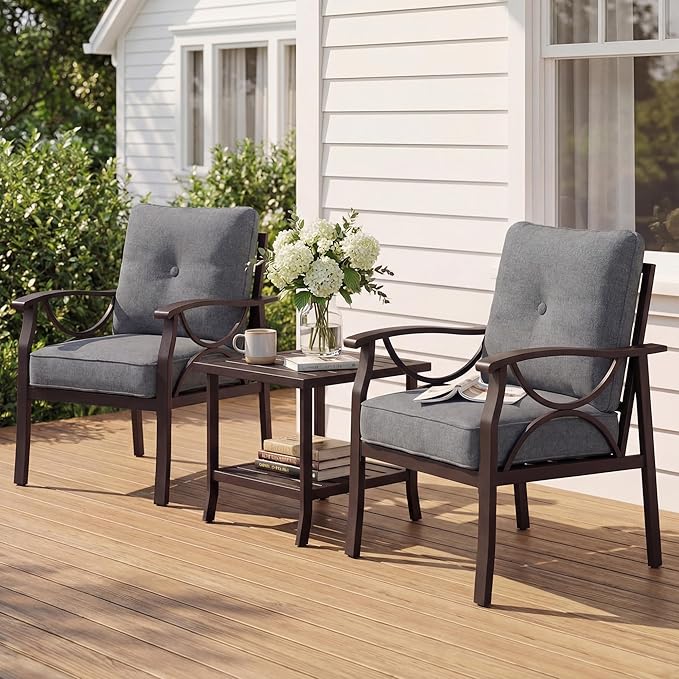 Outdoor Patio Furniture Set, 3 Pieces Metal Patio Conversation Set with Side Table for Porch Backyard Garden, Grey