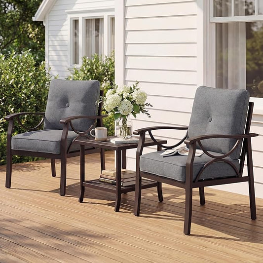 Outdoor Patio Furniture Set, 3 Pieces Metal Patio Conversation Set with Side Table for Porch Backyard Garden, Grey