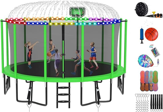 DeepRoar 2026 Upgraded 8FT 10FT 12FT 14FT 15FT 16FT Outdoor Tranpoline for Kids, Big tranpoline with Basketball Hoop, Lights, Sprinkler & Socks, Heavy Duty tranpoline 1500LB, ASTM Approved Tranpoing