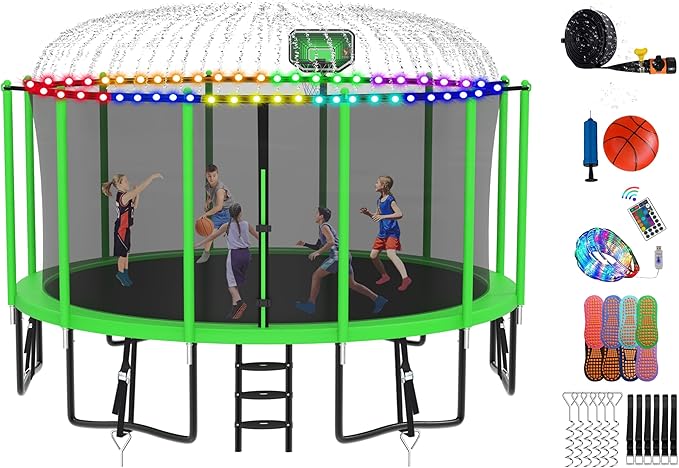 DeepRoar 2026 Upgraded 8FT 10FT 12FT 14FT 15FT 16FT Outdoor Tranpoline for Kids, Big tranpoline with Basketball Hoop, Lights, Sprinkler & Socks, Heavy Duty tranpoline 1500LB, ASTM Approved Tranpoing