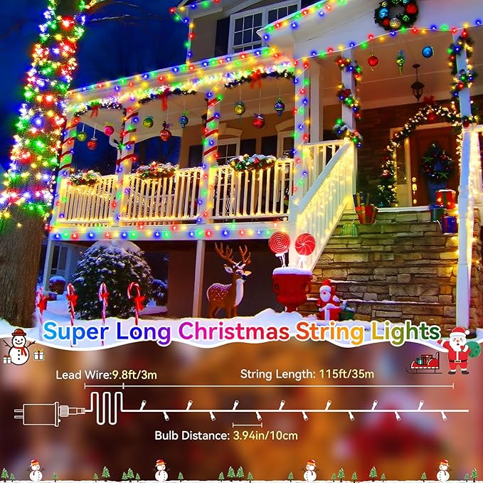 Heceltt Christmas Lights Outdoor, 125FT 350 LED String Lights 8 Modes and Timer Memory Function Twinkle Fairy Lights Waterproof Plug in for Xmas Tree Wedding Party Holiday Decor(Multicolor)