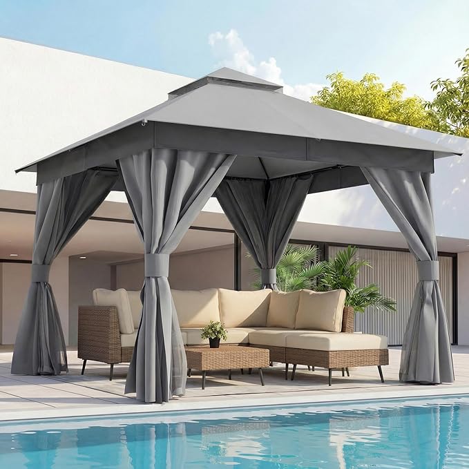 LAUSAINT HOME 10x10ft Outdoor Patio Gazebo with Double Roof, Heavy Duty Waterproof Gazebo Canopy Tent with Mosquito Netting for Backyard, Garden, Lawn & Wedding, Grey