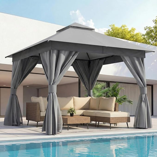 LAUSAINT HOME 10x10ft Outdoor Patio Gazebo with Double Roof, Heavy Duty Waterproof Gazebo Canopy Tent with Mosquito Netting for Backyard, Garden, Lawn & Wedding, Grey