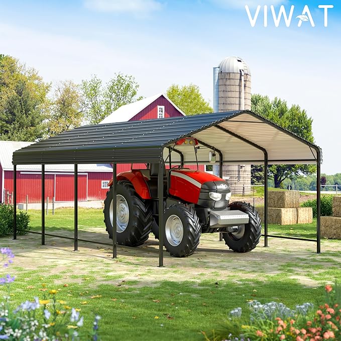 VIWAT Carport 12x20 FT Metal Carport with Enhanced Base Outdoor Heavy Duty Garage Galvanized Car Shelter for Pickup, Boat, Car and Tractors