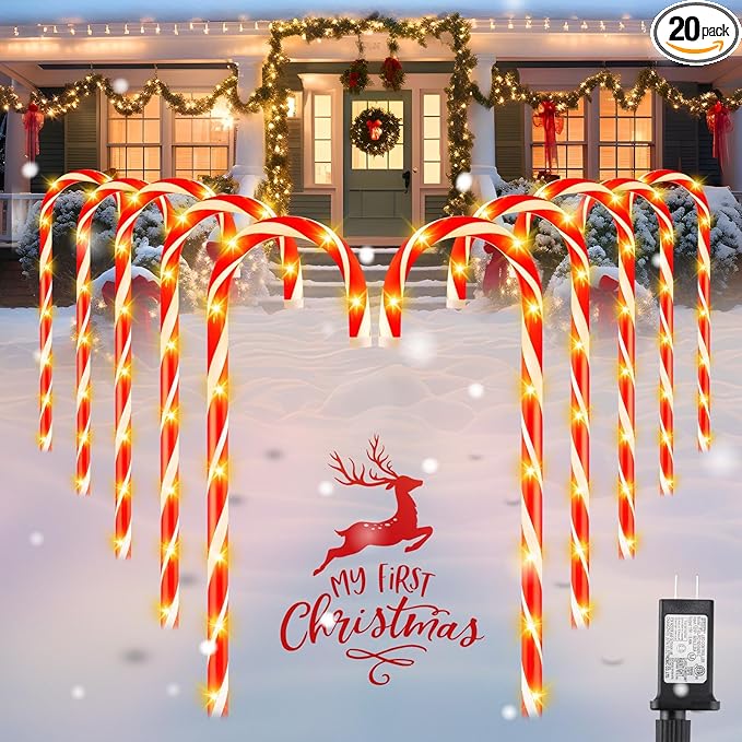 Brightown 35" Candy Cane Lights Outdoor Pathway, 2 Sets Total 20 Jumbo Candy Cane Pathway Lights, 8 Modes Outdoor Candy Cane Decorations Christmas Pathway Lights Yard Lawn Driveway Walkway Sidewalk