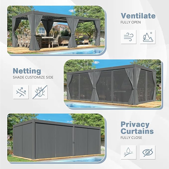 Polar Aurora 10x20 FT Louvered Pergola, Outdoor Pergola with Adjustable Louvered Roof,Outdoor Patio Shade Cover, Waterproof & Rustproof Aluminum Gazebo for Backyard, Deck and Garden