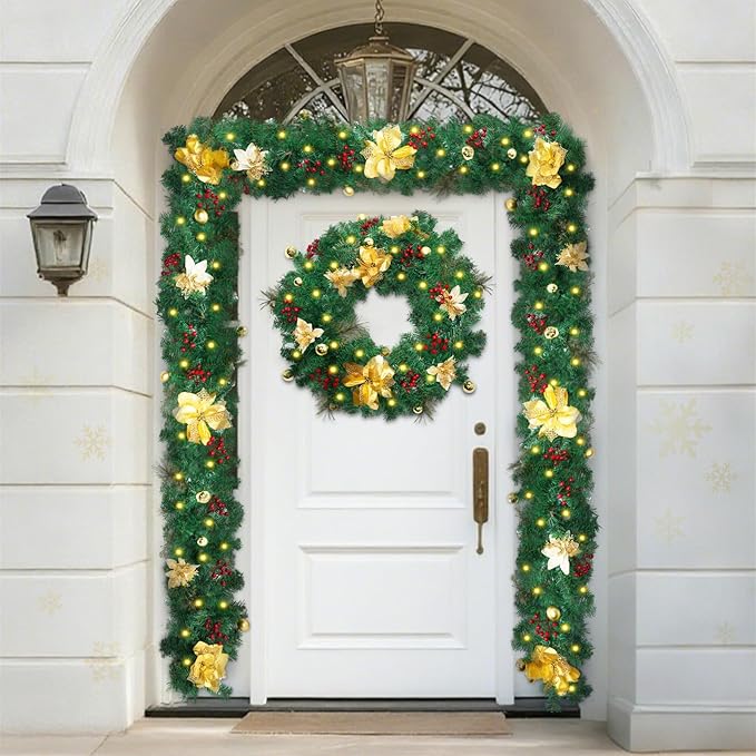 Christmas Garland with Lights, 8.9 Ft Real Touch Winter Pine Garland, Green Artificial Greenery Garland for Table, Table, Stairs, Door, Christmas Decor for Home Wedding Fireplace Party (One Pack)