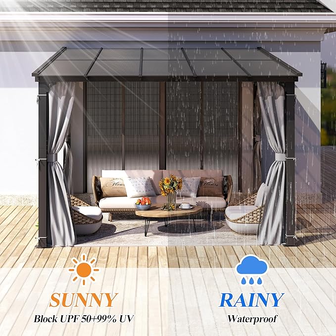 GARTOO 10’ x 10’ Gazebo for Patio - Aluminum Lean to Gazebos Pergola with Sloping Roof, Outdoor Wall-Mounted Canopy Awnings to House for Patio, Garden, Lawn, Backyard Deck