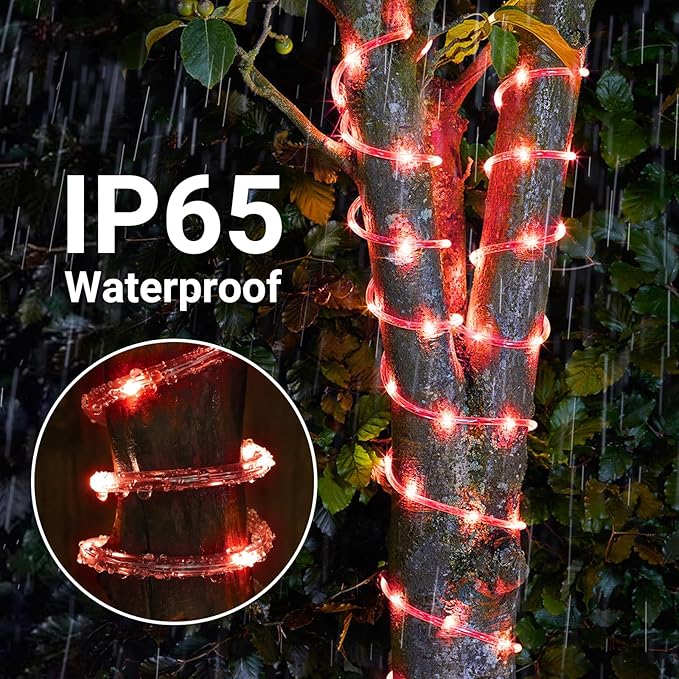 Solar Rope Lights, 2 Packs Total 132ft 400LED Solar String Lights, 8 Modes Waterproof Solar Powered Outdoor Light, Flexible Clear Tube Light for Garden Backyard Patio Deck Porch Tree Xmas Decor - Red