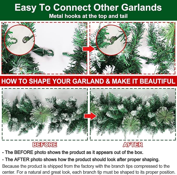 9FT Prelit Christmas Garland with 100 LED Lights Outdoor Lighted Christmas Garland for Mantle, Christmas Lights String Lights with Timer, Snowy Xmas Garland Cedar Bristle Garland