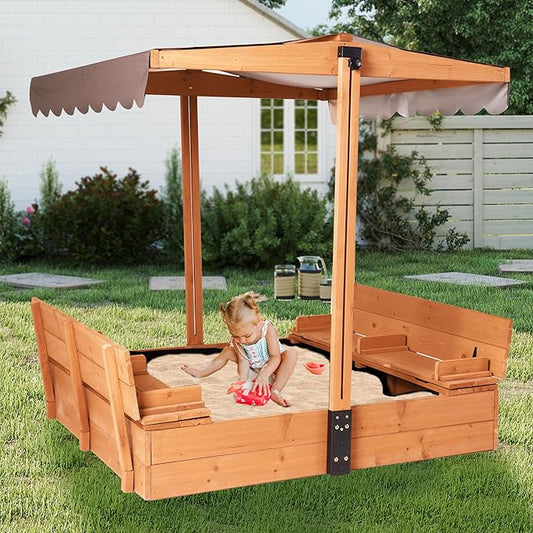 Sandbox with Lid and Cover, Outdoor Sand Box for Kids with 360¡Æ Adjustable Canopy, 2 Foldable Bench Seats & Sand Leak-Proof Liner