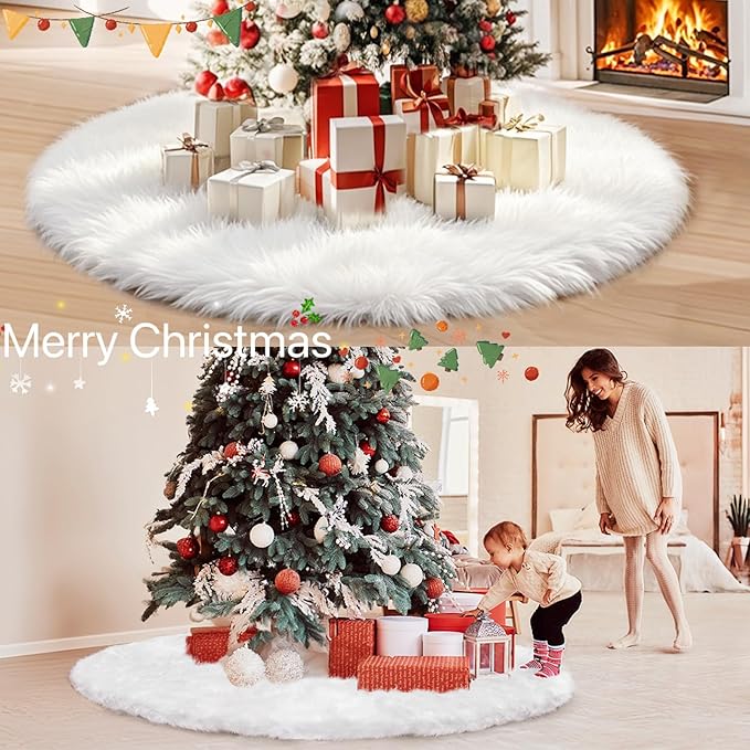 Christmas Tree Skirt, 60 Inch Christmas Decorations Tree Skirt, Faux Fur White Soft Long Thick Velvet Tree Rug, Large Vintage Tree Base Cover Round Mat for Merry Christmas Holiday Party