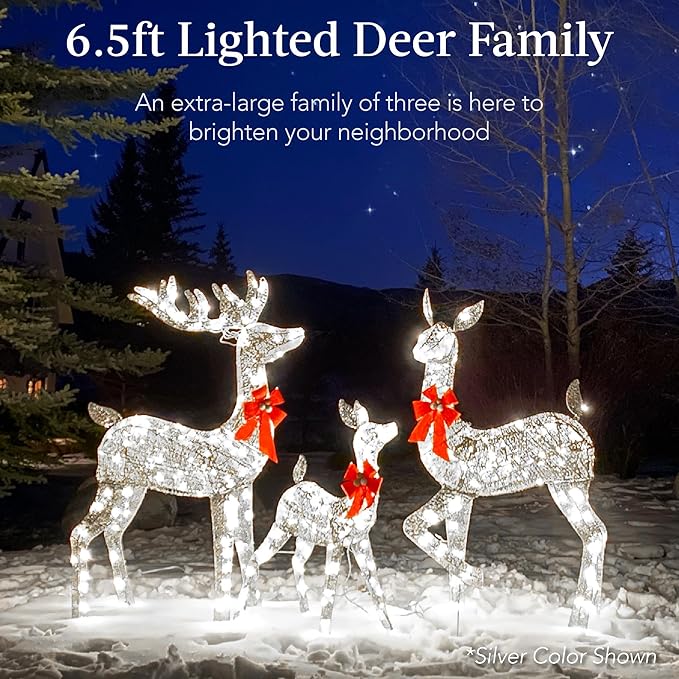 Best Choice Products 3-Piece Large Lighted Christmas Deer Family Set 6.5ft Outdoor Yard Decoration with 385 LED Lights, Stakes, Zip Ties - White