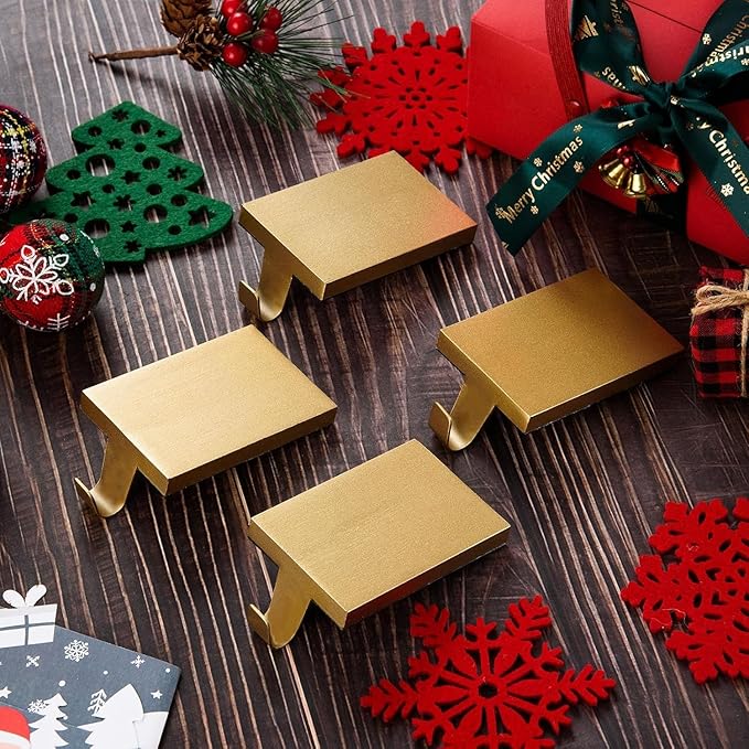 6 Pcs Christmas Stocking Holders Hanging Hooks Heavy Duty Mantel Stocking Holder Bases Weighted Metal Stocking Hangers for Shelf Fireplace Stair Xmas Party Decor (6, Gold)