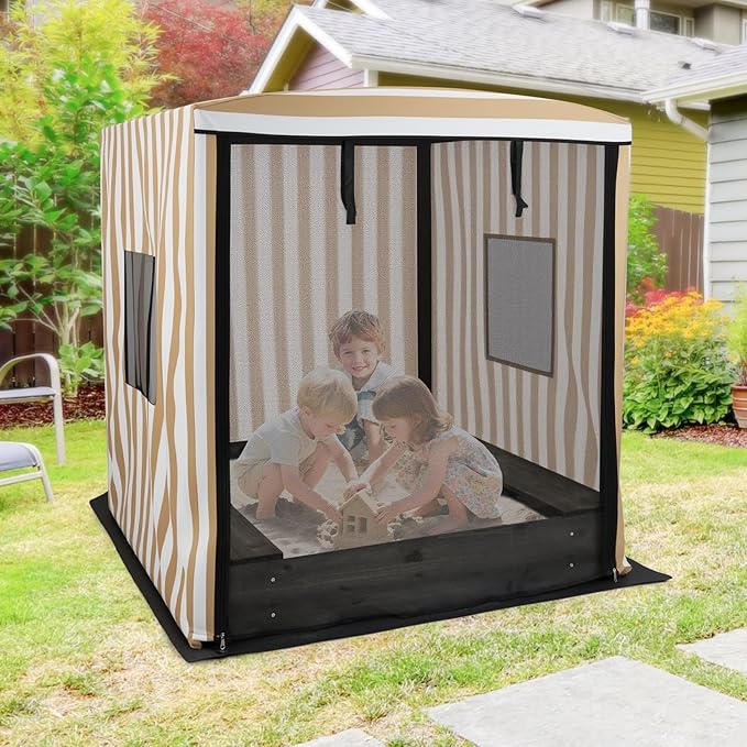 Costzon Kids Wooden Sandbox with Canopy, Large Sand Pit w/Mesh Door, Windows, Bench Seats, Foldable Storage Box & Bottom Liner, Outdoor Playhouse for Children 3+ Years Old (Pink&White)