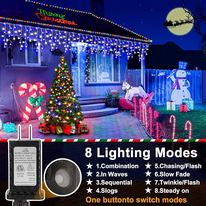 Christmas Lights Outdoor, 2 Pack Total 98FT 960 LED Ice Lights for Outside with 180 Drops 8 Modes Timer Memory, Plug in Waterproof for Holiday Eaves Yard Roof Party Decor (Blue and Cool White)