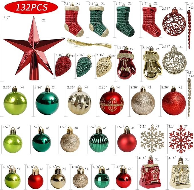 ROSELEAF 132pcs Christmas Tree Decoration Set - Red, Green & Gold Shatterproof Hanging Ornaments - Folk Art Style - Christmas, Wedding, Anniversary