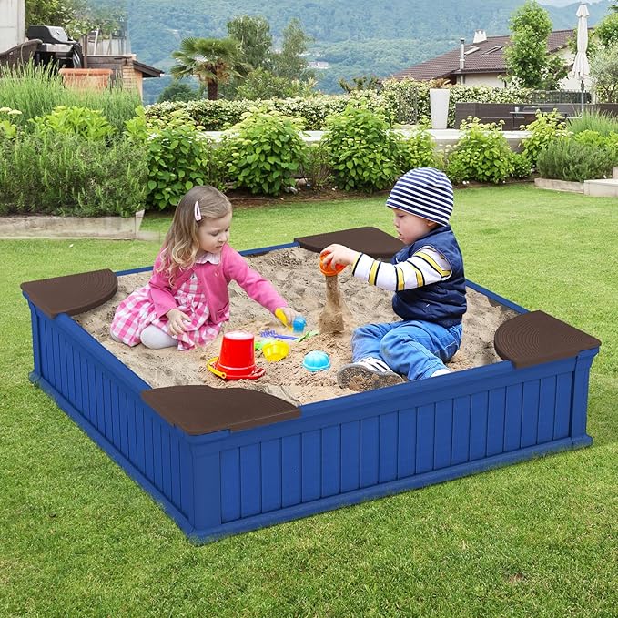 Costzon Kids Sandbox with Cover, 4ft x 4ft HDPE Sandpit with Oxford Cover, Bottom Liner, 4 Corner Seats, Weather Resistant Outdoor Sand Pit for Backyard Lawn Garden Beach (Navy)